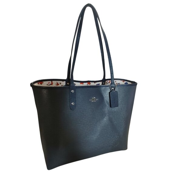Coach Large City Tote Bag Tea Rose Navy Reversible Floral Print Interior Leather - Picture 8 of 14